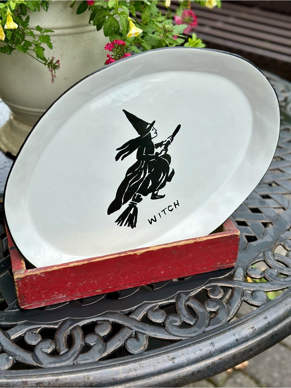 Molly Hatch Halloween Witch Oval Platter Black White Folk Art Serving Tray